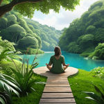 A person enjoying a peaceful nature scene, detached from digital devices, surrounded by lush greenery, symbolizing healing and freedom from digital distractions. The color palette should be soothing and natural, emphasizing greens, blues, and earth tones.