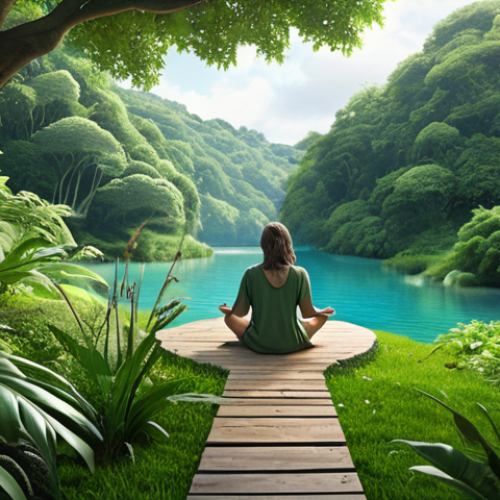 Home 4 A person enjoying a peaceful nature scene, detached from digital devices, surrounded by lush greenery, symbolizing healing and freedom from digital distractions. The color palette should be soothing and natural, emphasizing greens, blues, and earth tones.