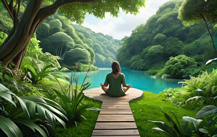 A person enjoying a peaceful nature scene, detached from digital devices, surrounded by lush greenery, symbolizing healing and freedom from digital distractions. The color palette should be soothing and natural, emphasizing greens, blues, and earth tones.